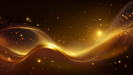 The background is a gold scent flow with gold glitter smoke particles. Shimmering light spray with golden glitter fluid sparkles and golden flares shining like gold flares.