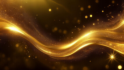 The background is a gold scent flow with gold glitter smoke particles. Shimmering light spray with golden glitter fluid sparkles and golden flares shining like gold flares.