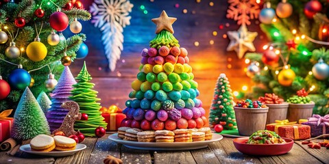 Naklejka premium Vibrant Rainbow Colored Christmas Tree Design with Leading Lines for Festive Food Photography and Holiday Celebrations, Capturing the Spirit of Christmas Cheer and Colorful Decorations