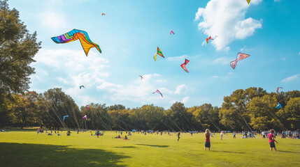 State park with an open field for flying kites families enjoying the breeze, and colorful kites soaring in the sky