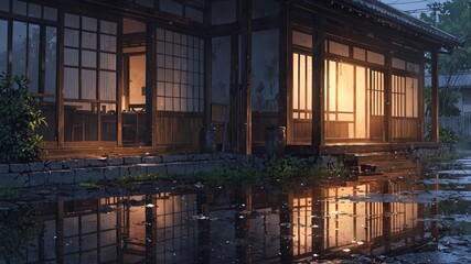 Obraz premium Traditional Japanese House in Rainy Scene