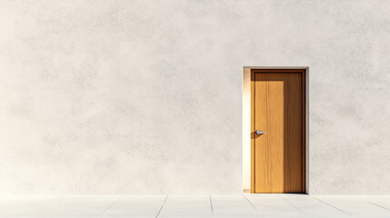 Contemporary minimalistic design featuring a light wooden door set within a textured concrete wall with surrounding shadow effects on a tiled surface.
