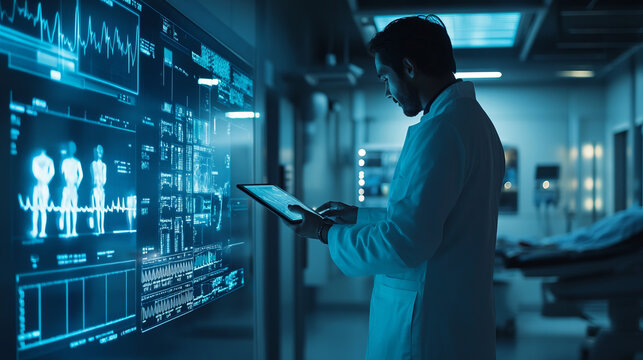 The doctor analyzes the data on the tablet screen with medical images and indicators, which symbolizes modern diagnostics and the use of high technologies in healthcare.