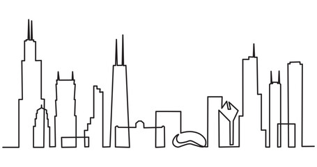 skyline line art drawing style. Cityscape of Chicago with silhouettes of most famous buildings and towers. design isolated on white background. Vector illustration.