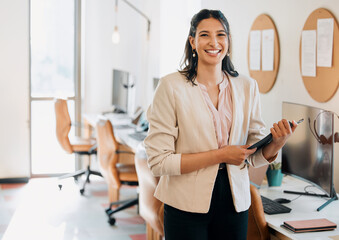 Business, smile and portrait of woman with tablet for connection, online schedule or planning in...