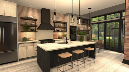 Fototapeta premium Stylish kitchen with an open layout featuring a mix of natural materials, sleek cabinetry, and industrial lighting fixtures