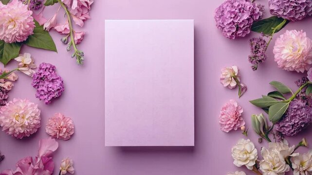 lavender and pink flowers surrounding a blank purple book on pastel background