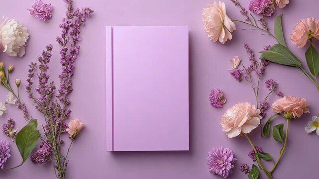 lavender and pink flowers surrounding a blank purple book on pastel background