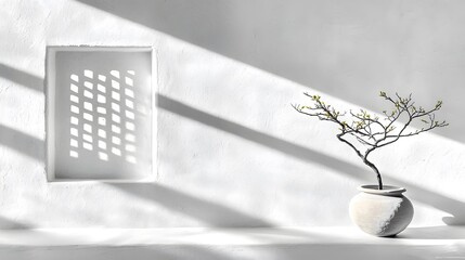 Geometric shadows cast by sunlight through a window, adding depth to a blank wall, 8K