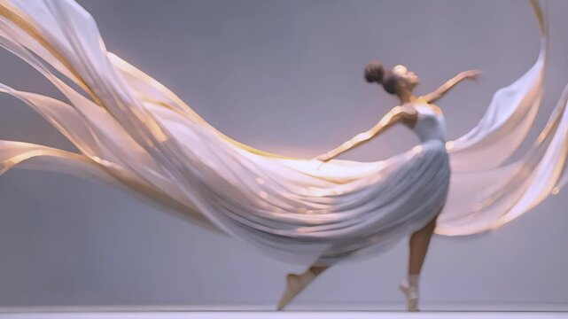 graceful dancer in motion with flowing fabric on grey background. abstract art of elegance and movement.