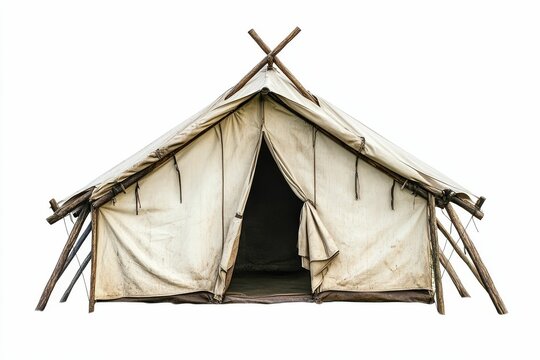 Old canvas tent with wooden poles.