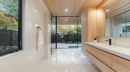 Minimalist bathroom with plain white tiles and a single hanging towel, neat and functional, 8K
