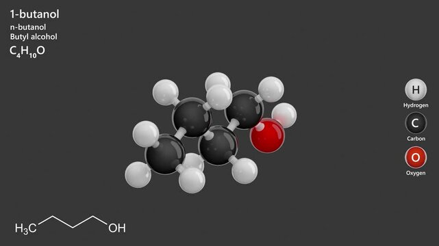 1-Butanol or Butyl alcohol. Animated 3D model of a molecule. Molecular formula: C4H10O. Chemical model: Ball and sticks. Gray background. 3D rendering. Seamless loop.