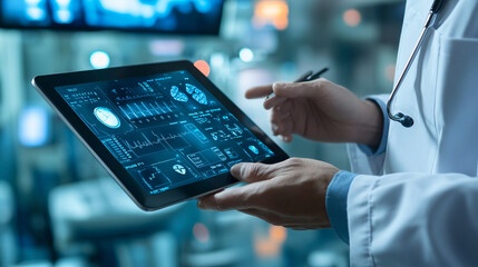 The doctor's hands with a tablet, which shows complex medical data and organ scans, reflect high technology and a modern approach to medical practice.