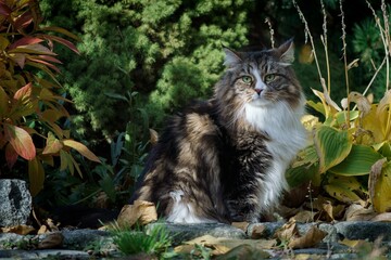 Siberian cat in the garden among autumn flowers and leaves, illuminated by the sun's rays.
