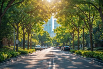 Vibrant Tree-Lined Street in City Promoting Green Initiatives