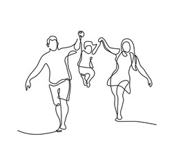 Happy family in line art drawing style. view of parents with their little kid holding hands and walking together black sketch isolated on white background. Vector illustration.