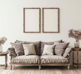 Minimalist living room interior design with a light brown sofa. two empty frames. beige rug. and a small table with dried flowers in a vase