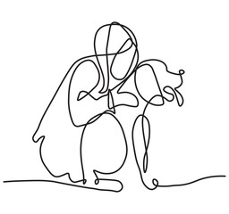 Girl with a dog in line art drawing style. Pet lover black sketch isolated on white background. Vector illustration.