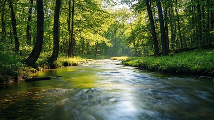 Fototapeta premium A peaceful forest with a clear river flowing gently, fish swimming in the water, surrounded by trees and lush greenery. Sunlight filtering through leaves creates dappled light on the water, highlighti