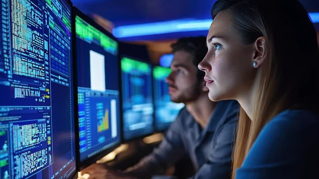 Security audit team reviewing firewall logs and system reports in a corporate environment.