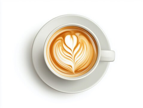 white cup of coffie on a white saucer with heart shape latte art