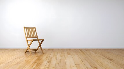 Simple folding chair in a white room with a warm wooden floor, creating a balanced, uncluttered space, 8K