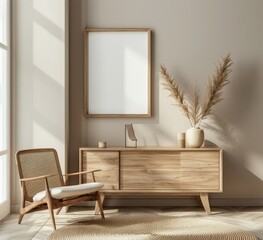 Minimalist living room interior with wooden furniture. a large empty frame. dried plants. and a wicker chair