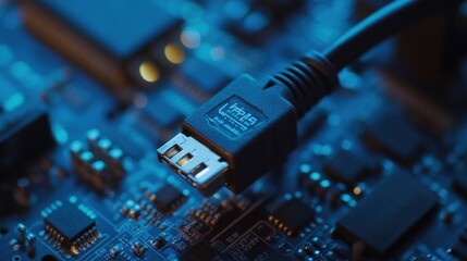 A close-up of a USB connector on a circuit board, highlighting technology and connectivity.