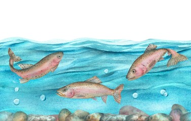 Seamless border with freshwater fish. Rainbow trout underwater. Blue water. Hand-drawn watercolor illustration