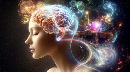 Obraz premium Surreal Portrait with Colorful Brain and Starlit Background