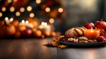 A samhain festive table is set with pumpkins, apples, and bread, illuminated by candles, celebrating the autumn harvest