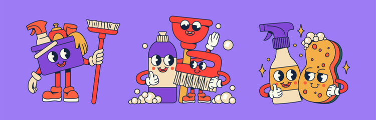 Cartoon Groovy Cleaning Supplies with Happy Expressions