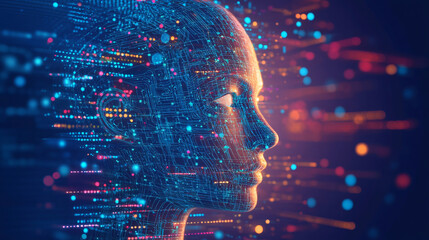 The human face, created from blue lines and dots, is a digital model symbolizing artificial intelligence and the complexity of neural networks.