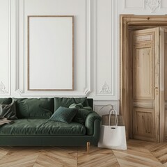 A green sofa with pillows sits in a spacious living room with a brown paper bag on the floor in front of it A large blank picture frame hangs on the wall. and a wooden door is visible to the right The