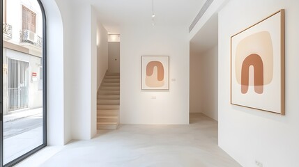 Subtle beige artwork on a white wall, offering a minimalist touch to an open space, 8K
