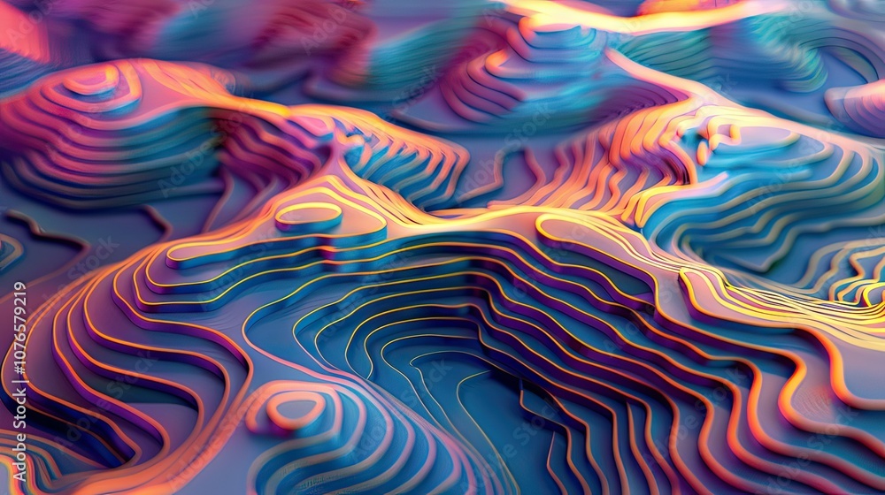 Poster a 3d-rendered topographic map with stylized elevation lines and vibrant color gradients.