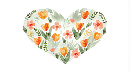 Watercolor heart with flowers and leaves isolated on a white background.