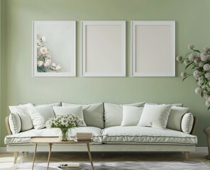 A living room interior with a light green wall and a white couch with three blank frames on the wall There is a wooden coffee table with a vase of pink flowers on it