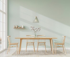 A minimalist dining room with a wooden table and chairs. green walls. and three pendant lights