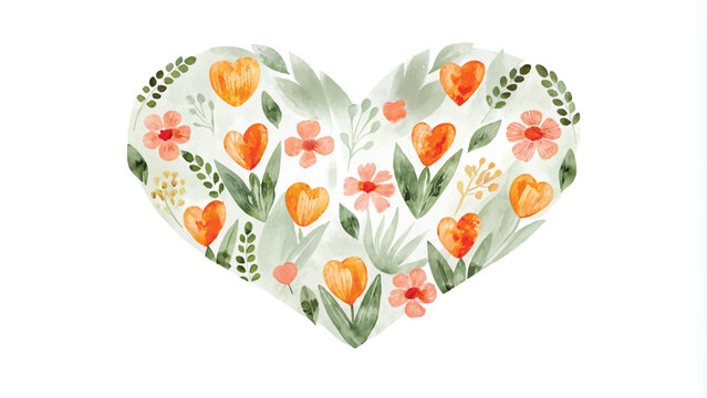 Watercolor heart with flowers and leaves isolated on a white background.