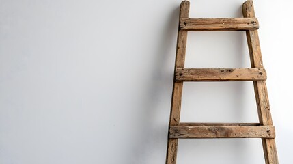 Wooden ladder against a white wall used as a decor piece, balancing minimalism and rustic charm, 8K