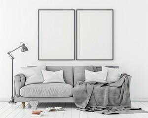 Two empty frames on a white wall. above a gray sofa with pillows and a throw blanket. in a modern living room