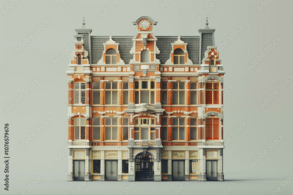 Poster empty brick building with large windows and intricate architectural details is standing on a grey ba