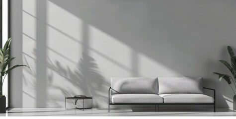Minimalist living room with a white sofa. chair. and table. featuring a vase with branches. against a blank white wall