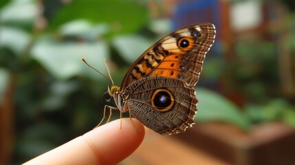 Obraz premium Butterfly sitting on child finger with joyful, innocent expression, evoking wonder and nature magic