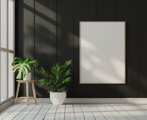 A large blank frame mockup in a modern minimalist living room with a potted palm plant and wooden stand