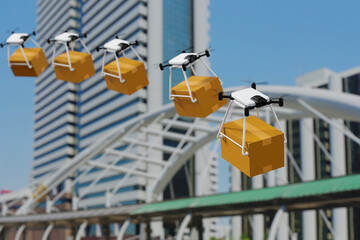 Group of drone delivering parcel box in urban city, futuristic express delivery, 3D rendering.