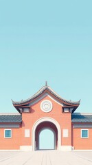 Fototapeta premium Abstract Marketing Background Featuring a Charming Cartoon-Style Entrance of a Chinese Elementary School in a 3D Render, Showcasing Ample Replicable Space, Perfect Composition, Clean Light Blue Backgr
