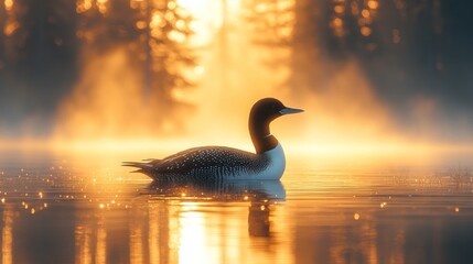 A serene loon gliding on a misty lake at sunrise.